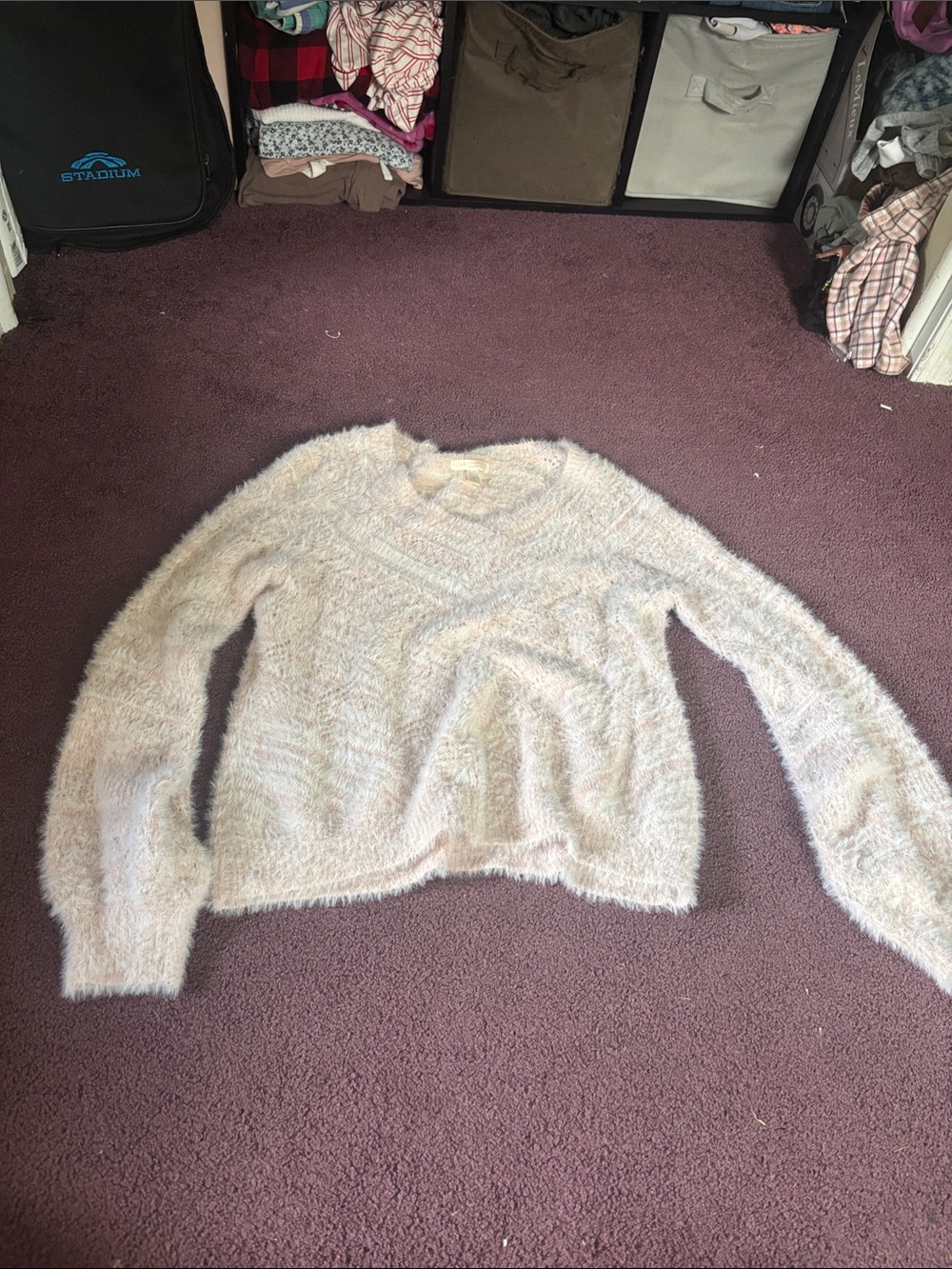 LC Lauren Conrad Fuzzy Crewneck Sweater in Cream with Subtle Pastel Hues